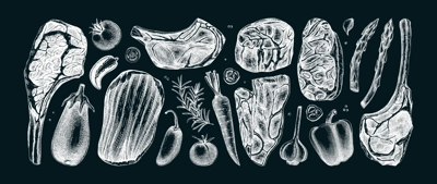 Healthy food sketches set. Meat and vegetable vector icons on chalkboard. Raw steaks drawings. Hand drawn food illustrations. NOT AI generated